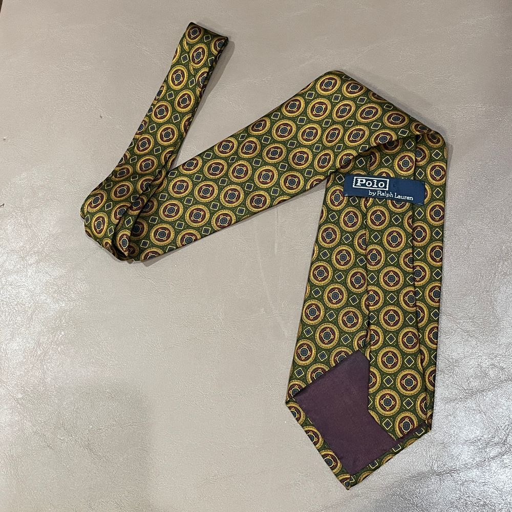 Polo Ralph Lauren Vintage Geometric Circle Print Silk Tie in Green and Gold - Picture 12 of 12